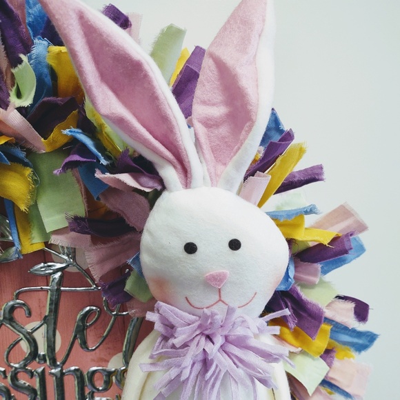 HANDCRAFTED DECOR EASTER BLESSINGS WHITE BUNNY PASTEL FABRIC RAG WREATH 18" - Picture 7 of 9